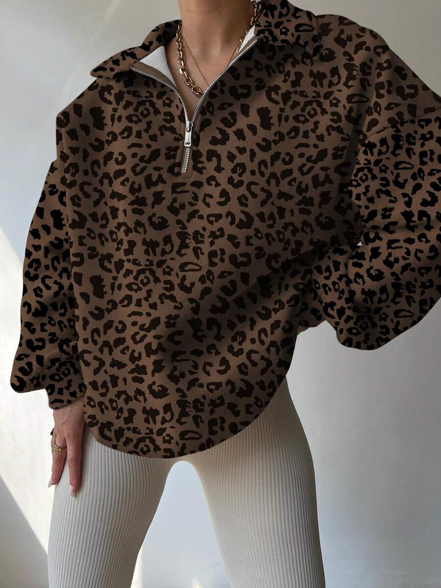 INAWLY 女士休闲豹纹落肩宽松套头衫，秋冬装，毕业典礼，教师装，返校秋季 - 巧克力棕 - 查看 1