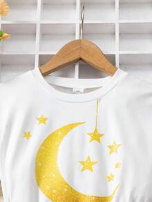 SHEIN Explorewe Tween Girls' Two Pieces Suit; Middle Eastern T-Shirt + Skirt Two Pieces Suit; Moon And Star Print, Simple And Versatile - Black - View 4