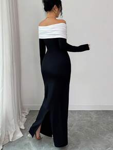 SHEIN Elenzya 女士优雅黑色露肩珍珠装饰连衣裙，适合日常穿着、婚礼、晚宴、通勤、毕业典礼、节日、约会、派对、万圣节、圣诞节、新年、感恩节等场合。 - 黑色 - 查看 2