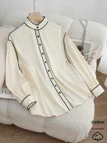 Franclia Siren Gaze 女士加大码上衣，100% 纯棉撞色滚边长袖衬衫，立领棉质衬衫，秋冬季，纽扣衬衫，西部风格上衣，纽扣衬衫，西部衬衫，女士西部纽扣衬衫，感恩节衬衫，女士休闲衬衫，校服衬衫，优雅女士衬衫 - 米色 - 查看 5