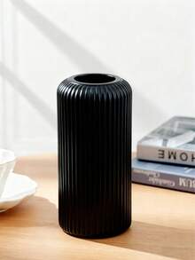 1个陶瓷外观塑料复合花瓶，不易碎，高7.8英寸，简约桌面花瓶，可插干花，适用于蒲苇草装饰和人造花，波西米亚风格，适合婚礼宴会餐桌装饰、家居装饰、花瓶、中心摆件、餐桌装饰、秋季装饰 - 黑色 - 查看 3