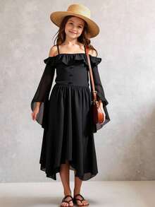 SHEIN ChillGRL Gothic Style Flare Sleeve Ruffle Hem Slip Dress For Tween Girls Fashion - Black - View 3