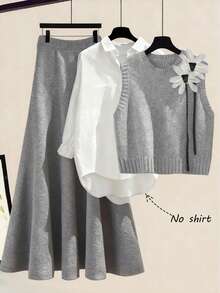 Franclia 秋冬新款宽松百搭3D立体花卉圆领无袖针织背心搭配A字针织中长裙女装两件套