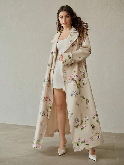 MOTF PREMIUM PLUS SIZE BLOMMIGT MÖNSTER SLAGKRAGE SLUTANDE FICKOR OCH SPÄNN MED SKÄRPT LÅNGLINJIG TRENCHCOAT