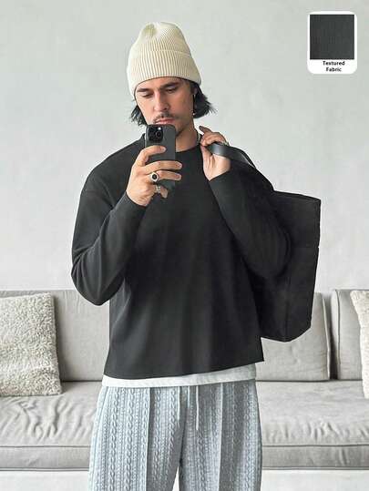 HUEFORM Men Black Cut-Down Version Knitted Stretch Striped Fabric T-Shirts, Suitable Going Out Loook And Home Life For Winter Men