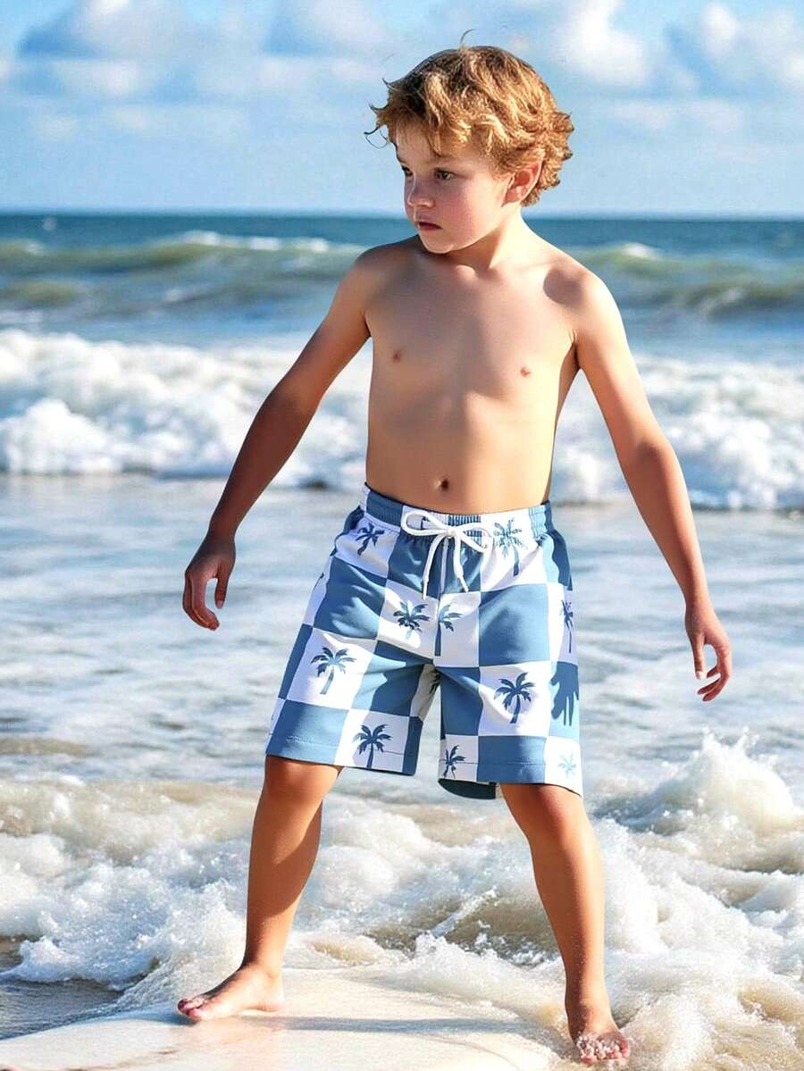 SHEIN 男童格子椰树印花抽绳腰休闲运动沙滩短裤