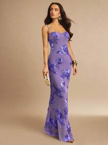 Silquee 女士3D立体花卉性感紧身吊带裙 - 淡紫色 - 查看 3