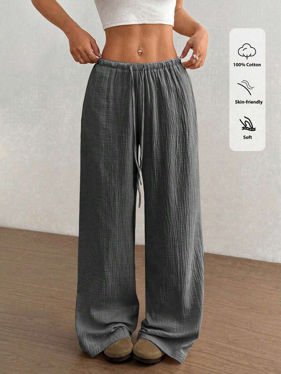 Flirla Quần ống đứng cotton cạp siêu thấp thường ngày cho nữ - Màu xám đen - Xem 1