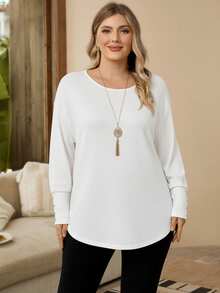 Rosumi Áo thun nữ cỡ lớn dáng rộng, cổ tròn, vai rớt, tay dài, thích hợp cho mùa thu, kỳ nghỉ, mùa xuân, ngày Valentine, đi chơi, mẫu mới 2026, đơn giản và thời trang cho mặc hàng ngày, đầu xuân. - trắng - Xem 5