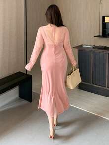 Dazy Plus Bodycon Partykleid für Damen in Große Größen mit Samt-Kontrast-Spitze, sexy und dehnbar für Dates, elegante Damenkleider für den Abschlussball - Pink - Übersicht 2