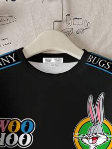 LOONEY TUNES X SHEIN 青少年男孩休闲时尚街头卡通字母拼布印花落肩宽松羊毛套头衫，秋冬 - 白色 - 查看 4