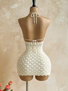 Soleia 性感细肩带 V 领镂空木珠装饰紧身连衣裙，度假细肩带系带渐变色针织连衣裙，适合度假、约会、下午茶、音乐节、波西米亚风 - 杏色 - 查看 2