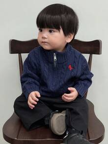 DAZY Áo len tay dài dáng rộng thêu họa tiết đơn sắc phong cách Hàn Quốc cho bé trai mới biết đi - Màu xanh hải quân - Xem 1