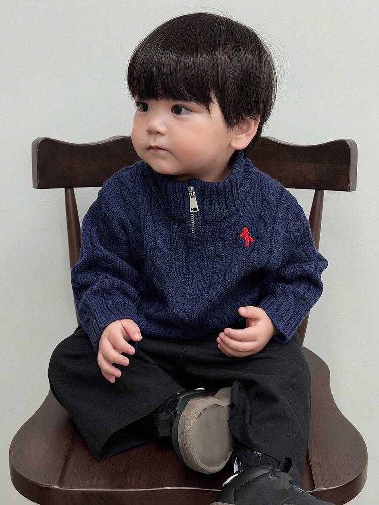 Toddler Boys' Solid Color Casual Embroidery Korean Style Loose Fit Long Sleeve Sweater