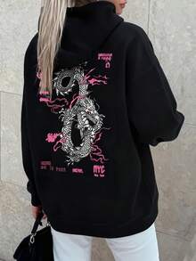 INAWLY 加大码中国龙印花连帽衫，适合冬季 - 黑色 - 查看 3