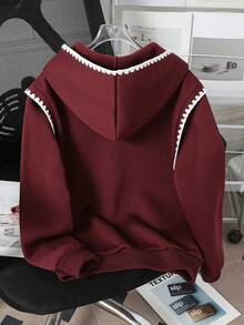 SHEIN 1pc Tween Girl Graphic English Print Pullover Sweatshirt, Burgundy, Autumn, Casual, School, Back-To-School Contrast Trim Design Comfortable Wear - Burgundy - View 2