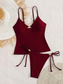 Swim Chiccia Women's Beach Summer Music Festival Spaghetti Strap Metal Jewelry Knotted Thong Mature Vacation Style Tankini Set - Burgundy - View 6