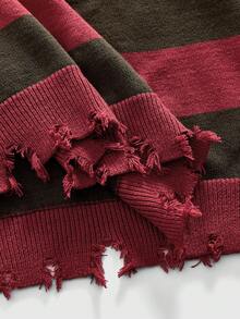 ROMWE MEN Grunge Punk 男士不对称破洞条纹休闲宽松长袖毛衣，冬季款 - 紅色 - 查看 7