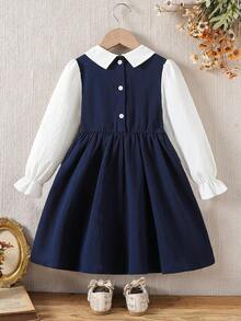 SHEIN Elladie kids 女童藏蓝色彼得潘领双排扣褶裥下摆长袖两用连衣裙，适合休闲、优雅、通勤、校园等场合。 - 寶藍色 - 查看 2