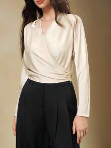 BizChic 2025秋冬新款香槟色褶皱女式衬衫，现代优雅都市通勤日常浪漫休闲90年代圣诞节新年、感恩节派对、海滩毕业典礼等场合时尚百搭，适合婚礼宾客、主人、约会、派对、音乐会、早午餐、机场等多种场合。 - 白色 - 查看 6