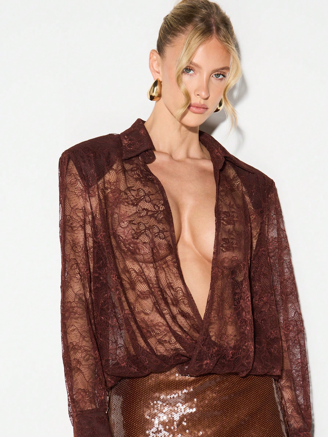 KIZN Plunge Lace Bodysuit With Shoulder Pads