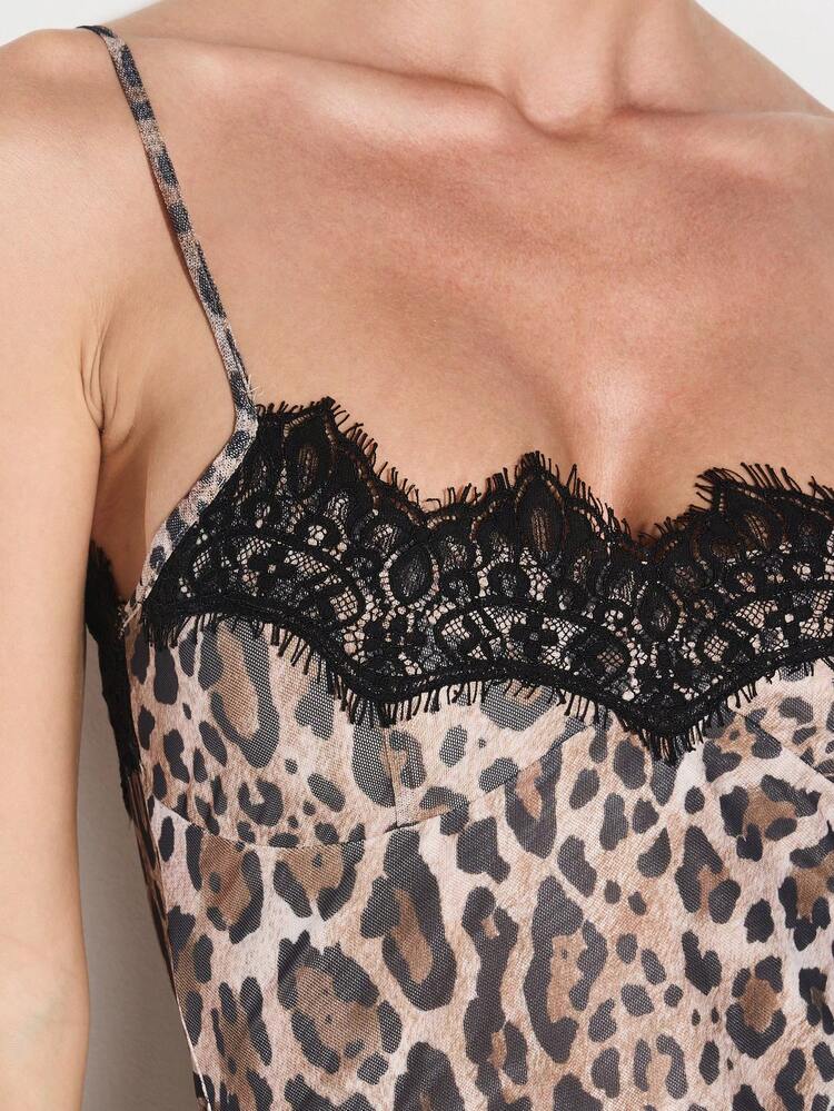 KIZN Leopard Print Lace Trim Satin Slip Dress
