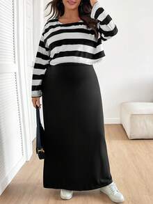 SHEIN This Two-Piece Maternity Set Includes A Plus-Size Black Striped Top And A Solid-Color Sleeveless Dress, Perfect For Casual Everyday Wear In Autumn. Pregnant Clothes Pregnant Dress Maternity Clothes Pregnant Outfits Plus Size Black Dress Plus Size Pregnant Outfits Plus Maternity Clothes Maternity Dress - Black and White - View 3