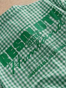 HIMLAND Men's Casual Plaid Slogan Print Short Sleeve Shirt, Summer Green Graphic Shirt Green And White Shirt Gingham Shirt Men S Boxy Shirt Plaid Shirt - Green - View 2