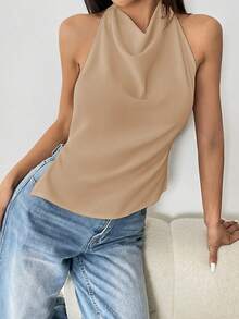 Flirla Áo ba lỗ hở lưng cổ yếm màu trơn tối giản dành cho nữ, mùa hè - Màu Khaki - Xem 5