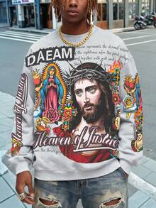 Áo nỉ cổ tròn dáng rộng thoải mái dành cho nam, họa tiết Graffiti phong cách đường phố kiểu Mỹ, hình ảnh tôn giáo Chúa Jesus và Đức Mẹ Đồng Trinh - Màu Xám nhạt - Xem 3