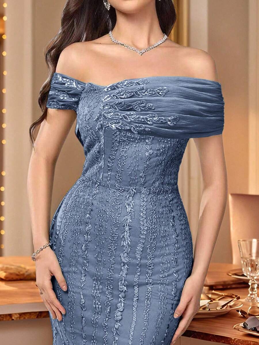 Coutiva 优雅刺绣拼接露肩连衣裙，下摆设计，正式晚礼服，适合婚礼宾客、毕业典礼、派对、圣诞节、秋冬季节、情人节等场合穿着。 - 霧霾藍 - 查看 1