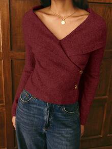 Poéselle 女士纯色长袖修身休闲针织开衫 - 酒紅色 - 查看 3