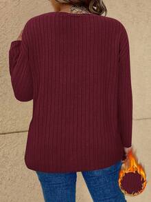 Vionelle 大码女式纯色圆领落肩长袖休闲罗纹T恤 - 酒紅色 - 查看 2