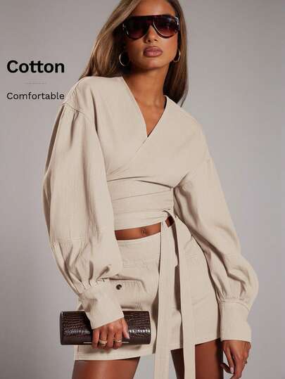 NYA SZN Top Long Sleeve Oversized Denim Crop Wrap Tie Detail Everyday Casual Business Casual Office Teacher Modest Church Night Out Fall Winter Suitable For Commuting Outfits For Women