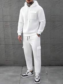 SLATEMANN 男士纯色拉链连帽衫和运动裤休闲运动服套装，秋季，秋装，舒适服装 - 白色 - 查看 4