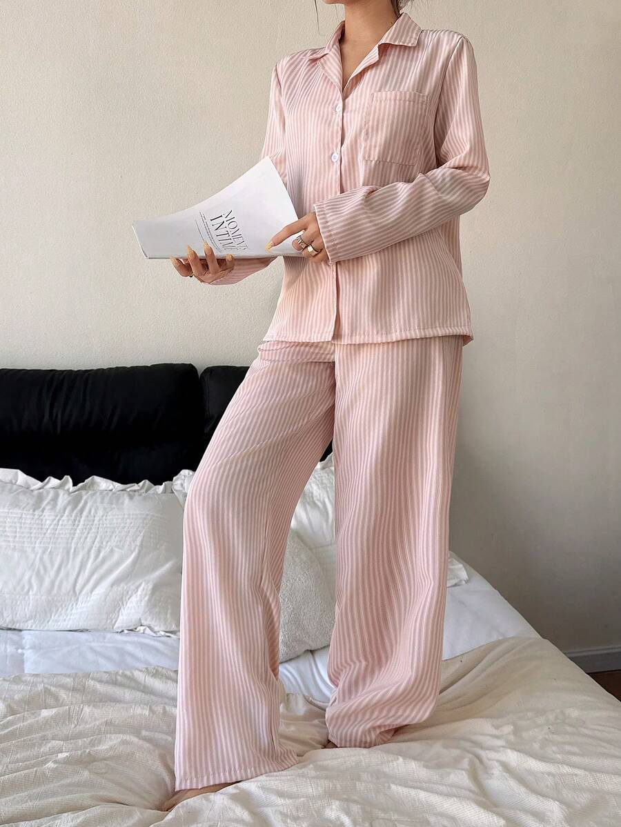 Dream Adore Women's Casual Striped Print Lapel Collar Pajama Set, Winter Clothes - Khaki - View 1