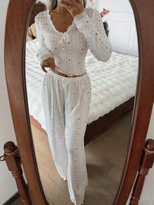 SHEIN Floral Lace Panel Women Pajama Set, Winter Clothes - White - View 4