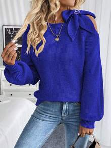 EMERY ROSE Modern enfärgad tröja med bara axlar och knytband, mångsidig för höst/vinter - Blå - Visa 3
