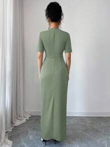 Elenzga Women's Elegant Solid Color Wrap Long Dress For Commuting - Olive Green - View 2