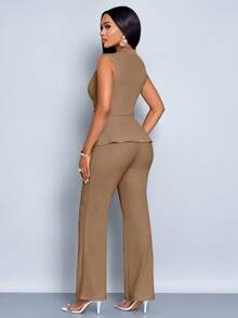 SOLERSUN Bộ đồ hai mảnh không tay dài tay cổ chữ V thanh lịch màu mơ cho nữ, quần ống rộng, viền bất đối xứng, thường ngày, mùa xuân và mùa hè, không tay, tay ngắn - màu nâu - Xem 2