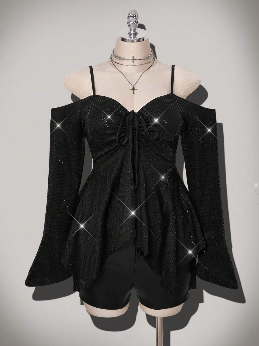 SHEIN ICON Y2K露肩褶皱前片不对称下摆亮片衬衫 - 黑色 - 查看 1