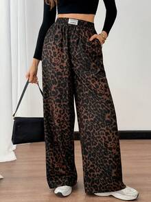 SHEIN Tall 女士豹纹编织腰带拼接阔腿街头裤 - 咖啡棕 - 查看 7