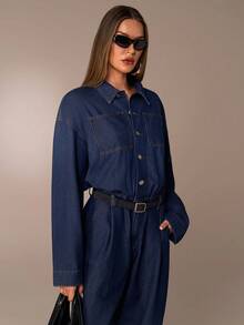 Avantive 女士纯色前扣休闲长袖牛仔连体裤 - 藍色 - 查看 6