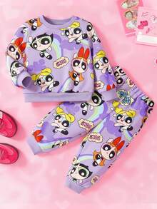 THE POWERPUFF GIRLS X SHEIN Baby Girl Cartoon Rainbow Print Cute Casual Long Sleeve Sweatshirt And Sweatpants Sports Set - Purple - View 1