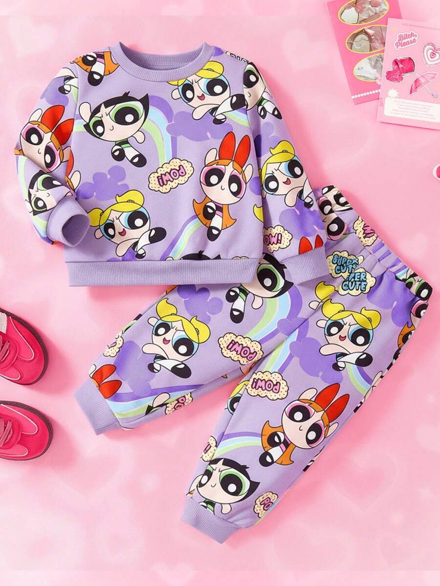 THE POWERPUFF GIRLS X SHEIN Baby Girl Cartoon Rainbow Print Cute Casual Long Sleeve Sweatshirt And Sweatpants Sports Set - Purple - View 1