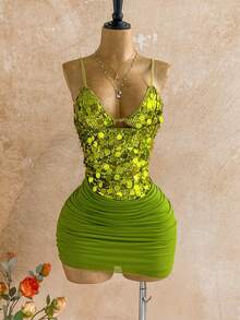 Soleia Women's Sequin Embellished Slim Fit V-Neck Mini Dress - Green - View 7