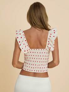 COSMINA 女士优雅荷叶边V领波点衬衫，适合约会、派对等各种场合，四季皆宜，波点上衣，系带上衣，荷叶边上衣，女士上衣，蝴蝶结装饰上衣 - 紅白色 - 查看 2