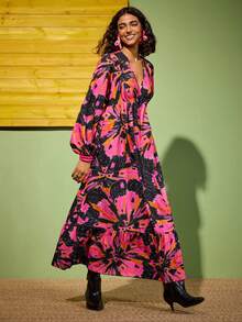 Felipe Marques Women's Floral Print Black & Pink Flower Decor Wrap Bust Cinched Waist Puff Sleeve Loose Dress, Party, Vacation, Casual, Sexy, Elegant Long Dress, Autumn/Winter - Black - View 4