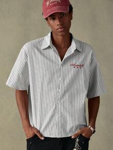 SWAVVY Men's Woven Letter Embroidered Striped Short Sleeve Casual Shirt Men Casual Shirt Chill Vibe Shirt Streetwear Men Shirt Striped Men Shirt Casual Striped Shirt - White - View 5