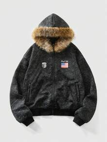 ROMWE MEN Street Life Men's Street Fashion Fleece Hooded National Flag Sweatshirt - Grey - View 1